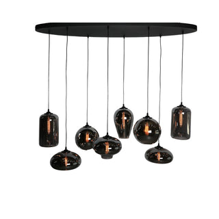 hanglamp boven eettafel met 8 smoke bollen ovaal plaat 